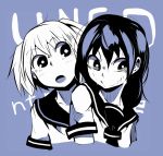  2girls :o black_hair blue commentary_request monochrome multiple_girls nervous open_mouth school_uniform serafuku short_sleeves short_twintails source_request sweat twintails upper_body white_hair yadoya 