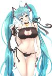  1girl ahoge aqua_hair bell bell_choker cat_cutout cat_keyhole_bra cat_lingerie choker cowboy_shot green_eyes hatsune_miku head_tilt jingle_bell long_hair panties side-tie_panties simple_background solo twintails underwear underwear_only very_long_hair vocaloid white_background 