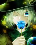  1girl black_background blue_eyes blue_rose covering_mouth flower green_hair hat hat_flower komeiji_koishi light_particles one_eye_closed rose shinonome_myoke solo third_eye touhou 