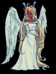  1girl absurdly_long_hair angel_wings antlers black_background blonde_hair blue_horns closed_eyes commentary deer_antlers deer_girl deer_tail deltarune dress full_body furry furry_female horns long_dress long_hair long_sleeves noelle_holiday noelle_holiday_(dark_world) off-shoulder_dress off_shoulder rory_(summersafety_) solo tail utdr_(toby_fox) very_long_hair weird_route_(deltarune) white_dress wings 