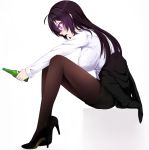  :o ahoge beifeng_han black_hair black_jacket black_shoes black_skirt blush bottle breasts brown_legwear from_side full_body grey_background high_heels holding holding_bottle jacket jacket_removed large_breasts long_hair long_sleeves miyaura_sanshio off_shoulder office_lady open_mouth original outstretched_arms pantyhose pencil_skirt profile shirt shoes simple_background sitting skirt sleeves_folded_up very_long_hair violet_eyes white_background white_shirt 