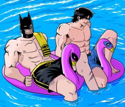  2boys bat_mask batman batman_(series) batman_symbol beard black_hair bob_novbob bruce_wayne dc_comics dick_grayson facial_hair father_and_child father_and_son fortnite highres male_focus multiple_boys multiple_scars muscular muscular_male parent_and_child scar smile stubble topless_male water 