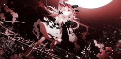  1girl bib_collar bow bowtie character_request cityscape commission copyright_request dress dust frilled_socks frills full_moon hair_between_eyes hat highres layered_dress long_hair long_sleeves maboroshi_(freeze000) mob_cap moon night puffy_sleeves red_eyes sky socks solo white-framed_eyewear white_bow white_bowtie white_hair 