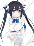  1girl black_hair blue_eyes blush breasts cleavage covered_navel dungeon_ni_deai_wo_motomeru_no_wa_machigatteiru_darou_ka gloves hair_ribbon hestia_(danmachi) long_hair rei_no_himo ribbon solo tears twintails wavy_mouth white_gloves 