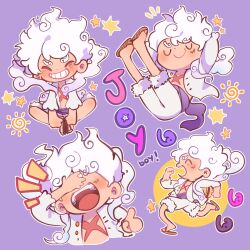  1boy chibi chibi_only clenched_hands closed_eyes closed_mouth curly_eyebrows curly_hair floating grin highres indian_style jacket laughing male_focus monkey_d._luffy multiple_views nilomochi no_shirt one_piece open_mouth purple_background purple_sash sandals sash scar scar_on_cheek scar_on_face short_hair shorts sitting smile solo stitched_face stitches teeth waist_sash white_hair white_jacket white_shorts 