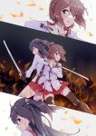  2girls ahoge asakura_mihono back-to-back bandages black_legwear blood blood_on_face blood_on_leg brown_eyes brown_hair commentary_request etou_kanami hair_between_eyes highres injury jacket katana long_hair motsutoko multiple_girls open_mouth purple_hair red_skirt sheath skirt smile sword thigh-highs thighs toji_no_miko torn_clothes torn_legwear twintails weapon 