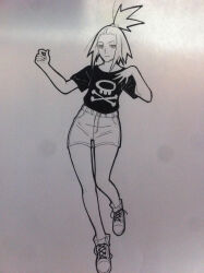  1girl absurdres alternate_costume closed_mouth commentary fingernails freckles greyscale hair_bobbles hair_ornament highres jhonb monochrome pokemon pokemon_black_2_and_white_2 roxie_(pokemon) shirt shoelaces shoes short_hair short_sleeves shorts skull_and_crossbones smile solo standing standing_on_one_leg t-shirt topknot traditional_media 
