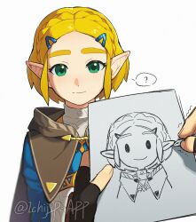  1boy 1girl ? artist_name blonde_hair braid cape commentary drawing_(action) drawing_(object) green_eyes hair_ornament highres holding holding_quill ichijip_app link looking_at_viewer pointy_ears princess_zelda quill smile solo_focus speech_bubble the_legend_of_zelda the_legend_of_zelda:_breath_of_the_wild the_legend_of_zelda:_tears_of_the_kingdom thought_bubble white_background 