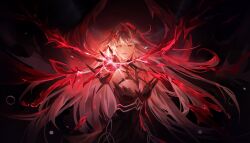  1girl absurdres black_dress bodystocking breasts closed_mouth commentary cowboy_shot dark_background dress eye_hair_ornament eye_symbol floating_hair genshin_impact hair_between_eyes hair_intakes hair_ornament highres large_breasts long_hair looking_at_viewer macaronnz powering_up red_wings ronova_(genshin_impact) solo untranslatable_commentary very_long_hair white_hair wings 