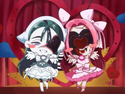  2girls alien_stage ankle_scrunchie black_hair blush_stickers bow chibi chibi_only commentary dress dress_bow hair_bow heart long_hair mizi_(alien_stage) mizi_(zombie_stage) multiple_girls multiple_hair_bows outstretched_arms pink_bow pink_dress pink_hair pink_scrunchie qxlie5fcyi49612 scrunchie single_blush_sticker sua_(alien_stage) sua_(zombie_stage) violet_eyes white_dress zombie_stage 