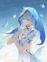 1girl alternate_costume beach blue_butterfly blue_hair blue_nails breasts bug butterfly butterfly_on_hand colored_eyelashes dress eyelashes hair_between_eyes highres hood looking_at_viewer medium_breasts nail_polish ocean outdoors parted_lips portrait shorekeeper_(wuthering_waves) smile solo upper_body veil violet_eyes water white_dress wuthering_waves yingdeng_yl 