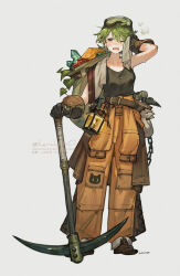  1girl belt black_belt black_gloves black_tank_top blush breasts brown_pants brown_shoes cargo_pants chain clothes_around_waist commentary_request crystal dirty full_body gem gloves goggles goggles_on_head gold green_eyes green_hair hair_between_eyes hammer herayoshi highres kiki_(herayoshi) lantern leaf medium_breasts one_eye_closed open_mouth original pants pickaxe red_gem sack shoes signature simple_background solo standing steaming_body sweat tank_top towel towel_around_neck twitter_username white_background wiping_face wiping_sweat 