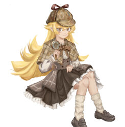  1girl absurdres blonde_hair brown_dress brown_hat capelet checkered_capelet closed_mouth dress fang hat highres holding holding_magnifying_glass kemnichu long_hair long_sleeves magnifying_glass monogatari_(series) necktie oshino_shinobu pointy_ears shirt shoes simple_background sitting smile socks tongue tongue_out vampire very_long_hair white_background yellow_eyes 