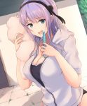  1girl absurdres bangs blue_eyes breasts cleavage dagashi_kashi dyson_(edaokunnsaikouya) flower hair_flower hair_ornament hairband highres hood hoodie large_breasts looking_at_viewer open_mouth outdoors rose school_swimsuit shidare_hotaru smile solo swimsuit towel violet_eyes zipper 