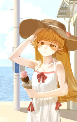  1girl absurdres bare_shoulders blonde_hair closed_mouth dress ewg7k3eutb99502 food hat highres holding holding_food holding_ice_cream ice_cream lamppost long_hair looking_at_viewer monogatari_(series) ocean oshino_shinobu pointy_ears sunlight vampire very_long_hair white_dress yellow_eyes 