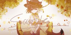  1girl animal_ears autumn_leaves blonde_hair character_request chinstrap closed_mouth commission copyright_request dress ears_through_headwear frilled_hat frills glass_shards hat highres layered_dress leaf looking_at_viewer maboroshi_(freeze000) own_hands_together puffy_short_sleeves puffy_sleeves ribbon sample_watermark short_hair short_sleeves sleeveless smile solo straight-on upper_body watermark white_background wrist_ribbon yellow_eyes yellow_hat 