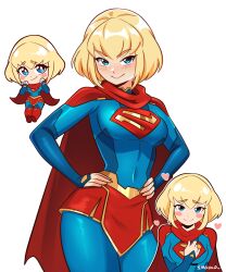  1girl absurdres blonde_hair blue_bodysuit blue_eyes bodysuit breasts cape chibi covered_navel dc_comics highres looking_at_viewer miniskirt my_adventures_with_superman red_cape red_skirt short_hair simple_background skirt smgold solo supergirl supergirl_(my_adventures_with_superman) superhero_costume superman_(series) superman_logo 