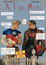  2boys abs batman_(series) batman_symbol black_bodysuit black_gloves black_hair blonde_hair blue_eyes bodysuit brown_jacket captain_america_(series) closed_mouth crossover dc_comics exploringwlexus gloves highres holding jacket jason_todd long_sleeves looking_at_another male_focus marvel multicolored_bodysuit multiple_boys muscular muscular_male open_clothes pants red_hood_(dc) red_hood_and_the_outlaws shirt short_hair simple_background standing star_(symbol) steve_rogers superhero_costume taut_bodysuit taut_clothes two-tone_bodysuit 