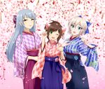  3girls alternate_hairstyle anastasia_(idolmaster) animal_ears bangs blue_eyes bow cat_ears cherry_blossoms fang flower green_eyes hair_bow happy idolmaster idolmaster_cinderella_girls japanese_clothes kimono long_hair maekawa_miku multiple_girls one_eye_closed open_mouth paw_pose popon_ta short_hair short_ponytail silver_hair smile takamine_noa 