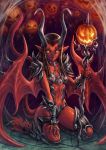  1girl armor bikini_armor black_hair black_lipstick black_nails black_sclera choker commentary cow_tail demon_girl demon_horns demon_wings fingernails glowing glowing_eyes halloween hooves horns kneeling leg_armor lipstick long_fingernails long_hair looking_at_viewer makeup maxa&#039; nail_polish navel orange_eyes original pauldrons pentagram pointy_ears pumpkin red_skin scepter shin_guards silk small_breasts smile solo spider_web succubus tail vambraces wings 