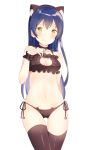  1girl animal_ears bell bell_choker black_bra black_legwear blue_hair blush bra breasts cat_cutout cat_ears cat_keyhole_bra cat_lingerie choker cleavage cleavage_cutout hitsukuya jingle_bell long_hair looking_at_viewer love_live!_school_idol_project navel panties side-tie_panties simple_background solo sonoda_umi thigh-highs underwear underwear_only white_background yellow_eyes 