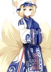 1girl adapted_costume blonde_hair expressionless fox_tail hands_in_sleeves hat highres japa multiple_tails short_hair tail touhou yakumo_ran yellow_eyes 