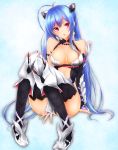  &gt;:o 1girl :o antenna_hair armor bare_shoulders black_legwear blue_hair breasts cleavage detached_sleeves earrings frofrofrost head_tilt headgear highres jewelry large_breasts long_hair looking_at_viewer phantasy_star phantasy_star_online_2 sitting solo star thigh-highs very_long_hair 