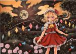  1girl blonde_hair clouds dated dress flandre_scarlet flower full_moon hat hat_ribbon looking_at_viewer mob_cap moon mosho night pink_rose puffy_short_sleeves puffy_sleeves red_dress red_eyes ribbon rose sash shirt short_sleeves side_ponytail signature sky solo star_(sky) starry_sky touhou traditional_media wings 