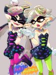  2girls 966 aori_(splatoon) arm_up black_dress black_hair brown_eyes character_name commentary_request cowboy_shot detached_collar dress earrings fangs food food_on_head gloves green_legwear grey_background grey_hair highres hotaru_(splatoon) jewelry leg_up long_hair looking_at_another mask mole mole_under_eye multiple_girls object_on_head open_mouth pantyhose pointy_ears purple_legwear shoes short_dress short_hair short_jumpsuit side-by-side smile splatoon standing strapless strapless_dress tentacle_hair white_gloves 