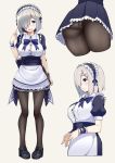  1girl alternate_costume apron ass black_legwear blue_eyes blush bow bowtie breasts enmaided frills hair_ornament hair_over_one_eye hair_twirling hairclip hamakaze_(kantai_collection) holding_tray kantai_collection large_breasts loafers looking_away maid maid_headdress multiple_views panties panties_under_pantyhose pantyhose shoes short_hair silver_hair smile standing sukebewe thighs tray underwear wrist_cuffs 
