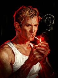  1boy brown_hair cigar cigarette highres holding holding_lighter lighter lighting_cigarette male_focus mistysblueboxstuff rustin_cohle shirt sleeveless sleeveless_shirt smoke smoke_trail smoking solo toned toned_male true_detective white_shirt 