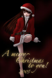  1girl 2005 alucard_(hellsing) bare_legs barefoot black_hair commentary_request full_body fur_trim girlycard hat hellsing long_hair merry_christmas moto_ho red_eyes santa_costume santa_hat smile solo standing standing_on_one_leg 