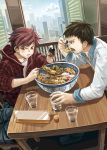 2boys blue_eyes bowl brown_eyes brown_hair building chewing chopsticks city cup dutch_angle eating glass jacket male_focus matsumura_(30003) multiple_boys original placard plaid_jacket red_jacket redhead sign sitting skyscraper soy_sauce table 
