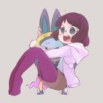  1girl alto168 angry animal_ears carrying glasses heart helmet highres misora_inaho no_shoes open_mouth pantyhose princess_carry rabbit_ears short_hair simple_background spacesuit sweat usapyon watch watch youkai youkai_watch youkai_watch_(object) 