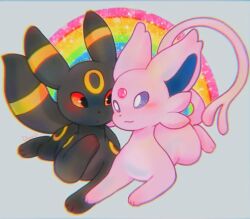  animal_focus black_fur blush bright_pupils closed_mouth doekis espeon facial_mark forehead_jewel forehead_mark forked_tail full_body gem grey_background looking_at_another lying no_humans pokemon pokemon_(creature) pokemon_focus purple_fur rainbow red_eyes red_gem simple_background tail two-tone_fur umbreon violet_eyes white_pupils yellow_fur 