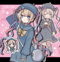 absurdres aqua_bow arm_up bag beret black_border blonde_hair blue_dress blue_eyes blue_hair blue_hat blue_sailor_collar blue_shoes blunt_bangs blush blush_stickers border bow bunny_ears character_name chibi chibi_inset chouzetsusaikawa_tenshi-chan closed_eyes commentary_request cowboy_shot cubism_(needy_girl_overdose) different_zoom_layer double-parted_bangs dress eyelashes full_body grin hand_on_own_head handbag happy hat heart heart_print highres holding holding_bag holding_handbag knee_up kneehighs long_sleeves looking_at_viewer mary_janes multiple_views needy_girl_overdose outline parted_lips pink_background pink_bow pink_hair pink_streaks pixel_art pixel_art_inset puffy_long_sleeves quad_tails red_bow sailor_collar shoes sidelocks single_stripe sleeves_past_wrists smile socks sparkle standing standing_on_one_leg streaked_hair striped striped_dress striped_sleeves twintails very_long_hair walking white_bag white_kneehighs white_outline white_socks yellow_bow yellow_sailor_collar zoom_layer