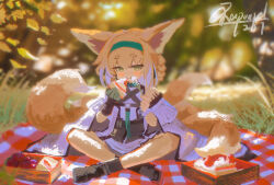  1girl animal_ears arknights bare_shoulders black_boots black_gloves blue_hairband blush_stickers boots braid braided_hair_rings cake cake_slice dress dual_wielding eating food fork fox_ears fox_girl fox_tail fruit gloves grapes grass green_eyes hair_rings hairband highres holding holding_cake holding_food holding_fork material_growth multicolored_hair multiple_tails oripathy_lesion_(arknights) outdoors painterly pantyhose picnic picnic_blanket purple_dress rasputin_(syr_syr_ss) signature single_glove smile solo streaked_hair suzuran_(arknights) tail white_pantyhose white_streaks 