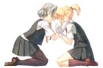  2girls blonde_hair gloves kantai_collection maikaze_(kantai_collection) multiple_girls nowaki_(kantai_collection) open_mouth pantyhose ponytail school_uniform silver_hair skirt smile takuzui tears vest 