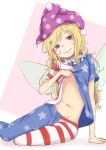  1girl american_flag_legwear american_flag_shirt arm_support bangs blonde_hair clownpiece collar fairy_wings frilled_collar frills hat highres jester_cap lifted_by_self long_hair looking_at_viewer miki_nezumi navel no_panties pantyhose polka_dot shirt_lift short_sleeves simple_background sitting smile solo touhou violet_eyes wings 