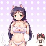  2girls animal_ears bell black_hair blush bow bra breast_envy breasts cat_cutout cat_ears cat_keyhole_bra cat_lingerie cat_tail choker cleavage cleavage_cutout green_eyes hair_bow jingle_bell langbazi large_breasts long_hair looking_at_viewer love_live!_school_idol_project multiple_girls navel open_mouth panties purple_hair red_eyes shaded_face side-tie_panties tail toujou_nozomi twintails underwear underwear_only yazawa_nico 