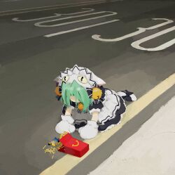  1girl animal_hat bad_id bad_twitter_id bell black_bow black_dress bow cat_girl cat_hat cat_tail dejiko despicable_me di_gi_charat disappointed dress food french_fries full_body gloves green_hair hair_bell hair_ornament happy_meal hat iamgod_0526 kneeling looking_down maid maid_headdress mcdonald's minions_(movie) neck_bell photo-referenced puffy_short_sleeves puffy_sleeves road shaded_face short_sleeves solo tail tail_bow tail_ornament toy white_gloves 