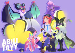  1girl :3 abilitayy absurdres aqua_necktie artist_name black_gloves black_hat black_sclera black_socks blush bright_pupils brown_shoes closed_eyes closed_mouth collared_shirt colored_sclera commentary drop_shadow english_commentary fangs gloves glowing green_eyes grey_shirt hat highres holding holding_poke_ball iron_hands_(pokemon) kneehighs lurantis meowscarada mismagius necktie noivern open_mouth orange_hair original pink_eyes poke_ball poke_ball_(basic) pokemon pokemon_(creature) pokemon_team purple_background purple_shorts robot shirt shoes short_hair short_sleeves shorts smile socks standing umbreon white_pupils yellow_eyes yellow_sclera 