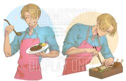  1boy apron blonde_hair blue_shirt collared_shirt cooking curly_eyebrows facial_hair food goatee hair_over_one_eye male_focus mustache_stubble one_piece pink_apron plate sanji_(one_piece) shirt solo stubble white_shirt xx_xx_art 