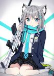  1girl absurdres animal_ears assault_rifle bangs blue_archive blue_eyes blue_jacket blue_scarf blue_skirt cat_ears closed_mouth gloves green_gloves grey_hair gun highres holding holding_gun holding_weapon id_card jacket long_sleeves looking_at_viewer medium_hair rifle ryucchi scarf school_uniform shiroko_(blue_archive) shoes sig_sauer_556 skirt sneakers solo weapon white_background white_footwear white_legwear 