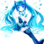  1girl blue_eyes blue_hair boots detached_sleeves hatsune_miku headset heart highres kohaku_muro long_hair necktie open_mouth sitting skirt solo thigh-highs thigh_boots twintails very_long_hair vocaloid white_background 