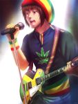  1boy artist_name axis_powers_hetalia brown_hair guitar hat instrument jamaica_(hetalia) kuraudia marijuana microphone microphone_stand open_mouth singing solo 