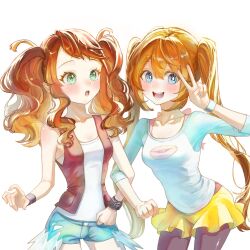  2girls alternate_hairstyle black_pantyhose black_vest blue_eyes blush breasts brown_hair cutoffs denim denim_shorts donut_hair_bun double_bun exposed_pocket hair_bun highres hilda_(pokemon) locked_arms long_hair multiple_girls open_mouth pantyhose poke_ball_print pokemon pokemon_black_2_and_white_2 pokemon_black_and_white raglan_sleeves rosa_(pokemon) sheimi_(u_gros) shirt shorts sidelocks small_breasts smile teeth twintails v vest white_shirt wristband xtransceiver yellow_shorts 