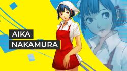  absurdres apron blue_hair collared_shirt emi_puff hair_ornament hairclip headscarf highres lipstick makeup nakamura_aika persona persona_4 red_apron red_eyes red_lips shirt short_hair short_sleeves white_shirt 