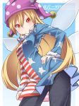  1girl american_flag_shirt blonde_hair blush clownpiece commentary_request fairy_wings hand_on_hip hat highres jester_cap long_hair looking_at_viewer pants red_eyes smile solo star striped tamahana touhou very_long_hair wings 