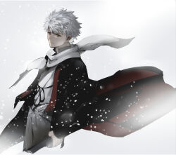  1boy black_kimono commentary_request dark-skinned_male dark_skin emiya_shirou fate/grand_order fate_(series) from_side holding holding_sword holding_weapon japanese_clothes katana kimono looking_at_viewer male_focus official_alternate_costume profile scarf senji_muramasa_(fate) senji_muramasa_(third_ascension)_(fate) serious shibanui sketch snowing solo sword upper_body weapon white_hair wind yellow_eyes 